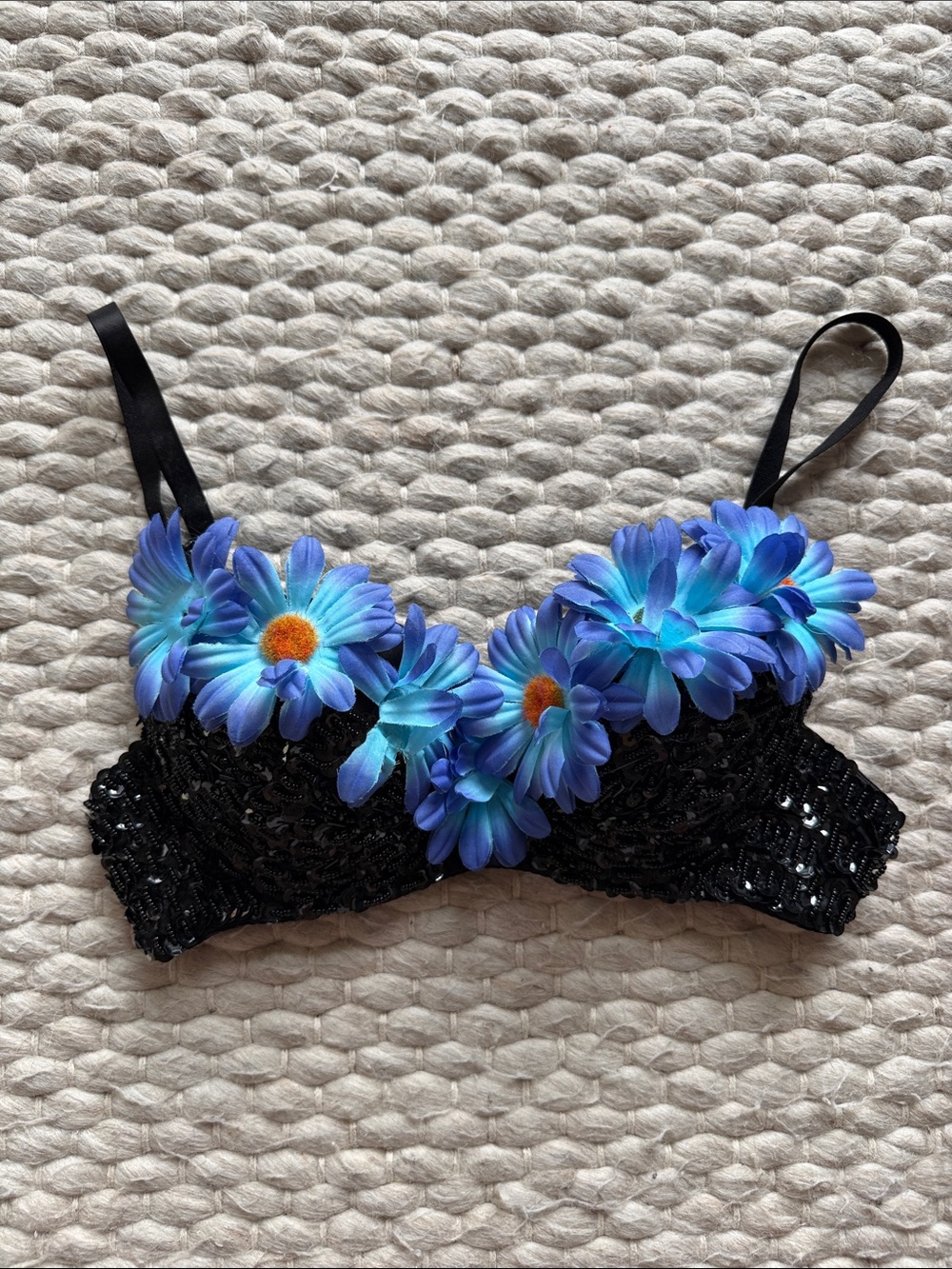 iHeartRaves Black Sequin Bra with Blue Daisy Flowers Festival Rave Top S